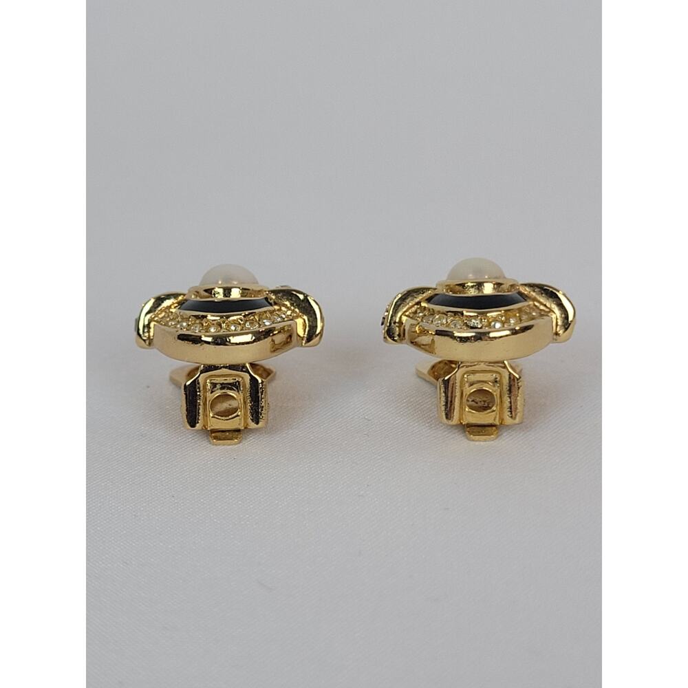 Christian Dior Vintage Black Enamel, Crystal & Faux Pearl Clip Earrings Signed - Picture 5 of 9